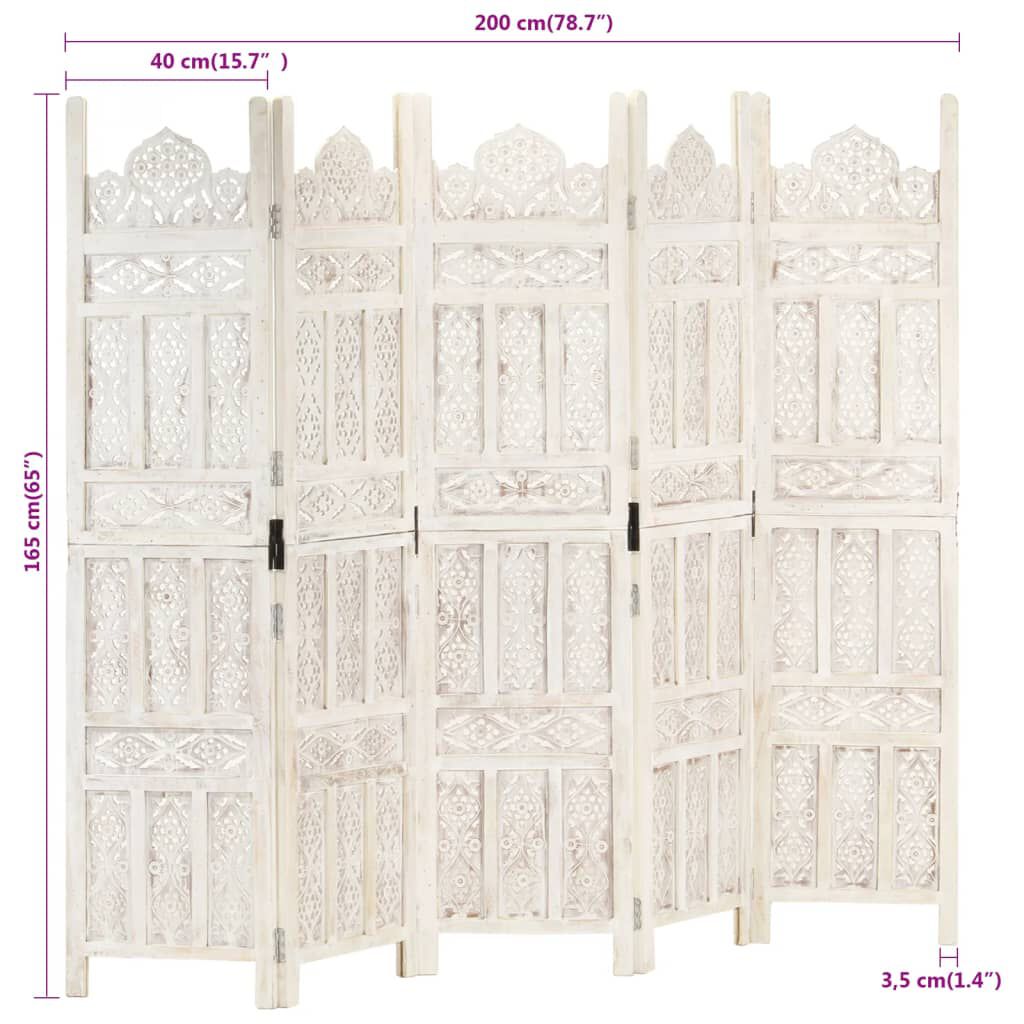vidaXL مقسم غرف نحت يدوي 5 ألواح 165x200 سم خشب مانجو صلب أبيض